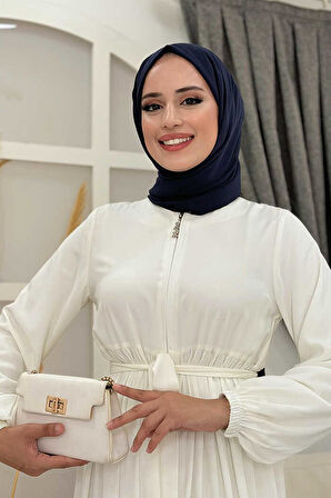 Fermuarlı Kol Manşetleri Lastikli Fırfırlı Elbise 6001 Ekru