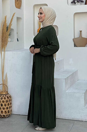 Fermuarlı Kol Manşetleri Lastikli Fırfırlı Elbise 6001 Haki