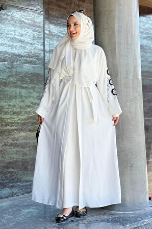 Nakış İşleme Detaylı Bel Kuşaklı Abaya 7898 Ekru