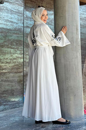Nakış İşleme Detaylı Bel Kuşaklı Abaya 7898 Ekru