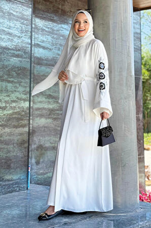 Nakış İşleme Detaylı Bel Kuşaklı Abaya 7898 Ekru