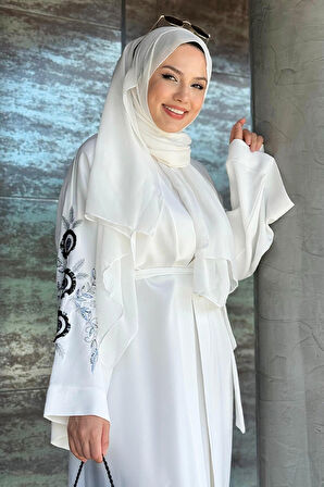 Nakış İşleme Detaylı Bel Kuşaklı Abaya 7898 Ekru