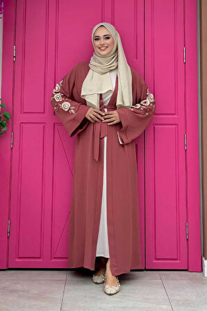 Nakış İşleme Detaylı Bel Kuşaklı Abaya 7898 Gül Kurusu