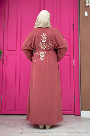 Nakış İşleme Detaylı Bel Kuşaklı Abaya 7898 Gül Kurusu