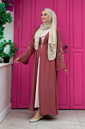 Nakış İşleme Detaylı Bel Kuşaklı Abaya 7898 Gül Kurusu
