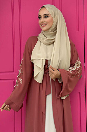 Nakış İşleme Detaylı Bel Kuşaklı Abaya 7898 Gül Kurusu