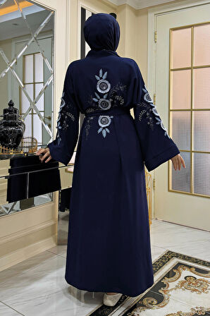 Nakış İşleme Detaylı Bel Kuşaklı Abaya 7898 Lacivert