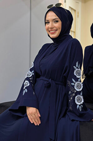 Nakış İşleme Detaylı Bel Kuşaklı Abaya 7898 Lacivert