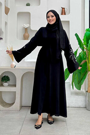Nakış İşleme Detaylı Bel Kuşaklı Abaya 7898 Siyah