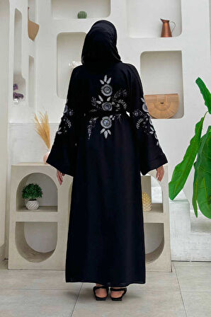 Nakış İşleme Detaylı Bel Kuşaklı Abaya 7898 Siyah