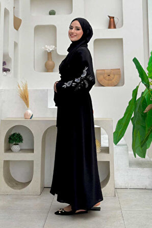 Nakış İşleme Detaylı Bel Kuşaklı Abaya 7898 Siyah