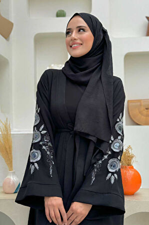 Nakış İşleme Detaylı Bel Kuşaklı Abaya 7898 Siyah