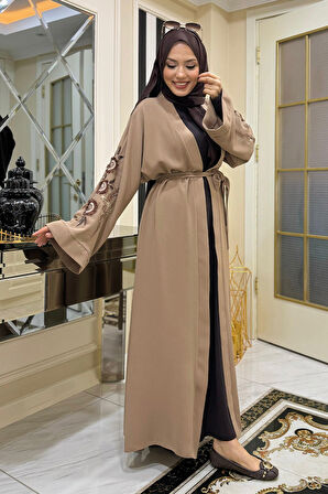 Nakış İşleme Detaylı Bel Kuşaklı Abaya 7898 Vizon