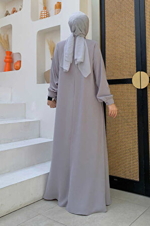 Çapraz Parça Görünümlü İncili Elbise 3879 Gri