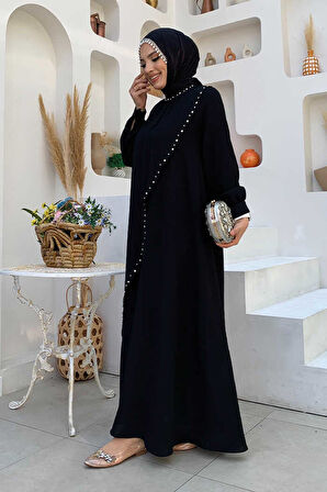 Çapraz Parça Görünümlü İncili Elbise 3879 Siyah