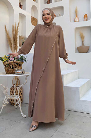 Çapraz Parça Görünümlü İncili Elbise 3879 Vizon