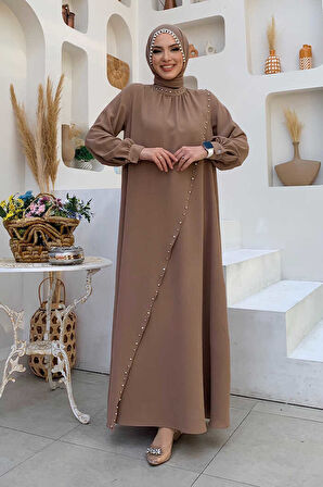 Çapraz Parça Görünümlü İncili Elbise 3879 Vizon