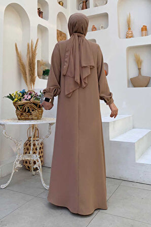 Çapraz Parça Görünümlü İncili Elbise 3879 Vizon