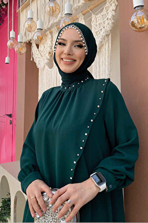 Çapraz Parça Görünümlü İncili Elbise 3879 Zümrüt