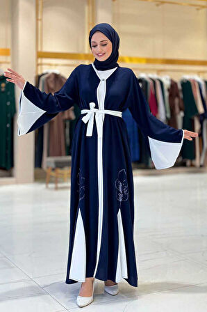 Nakış İşleme Detaylı Bel Kuşaklı Abaya 7901 Lacivert