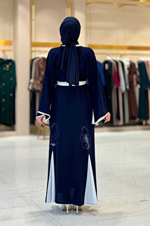 Nakış İşleme Detaylı Bel Kuşaklı Abaya 7901 Lacivert
