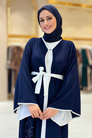 Nakış İşleme Detaylı Bel Kuşaklı Abaya 7901 Lacivert