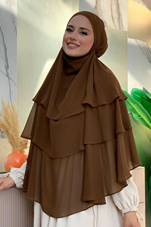 Peçeli 3 Katlı Şifon Sufle Şal 6012 Kahverengi