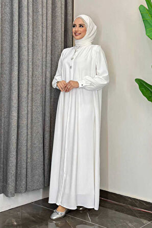 Boydan Düğmeli Taş İşleme Detaylı Ferace 7903 Ekru