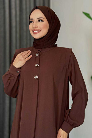 Boydan Düğmeli Taş İşleme Detaylı Ferace 7903 Kahverengi