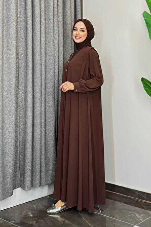 Boydan Düğmeli Taş İşleme Detaylı Ferace 7903 Kahverengi