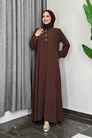 Boydan Düğmeli Taş İşleme Detaylı Ferace 7903 Kahverengi