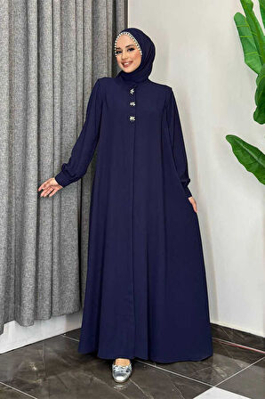 Boydan Düğmeli Taş İşleme Detaylı Ferace 7903 Lacivert