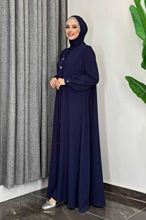 Boydan Düğmeli Taş İşleme Detaylı Ferace 7903 Lacivert