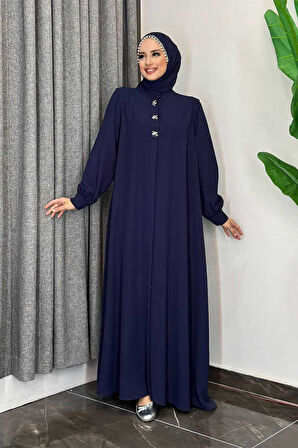 Boydan Düğmeli Taş İşleme Detaylı Ferace 7903 Lacivert