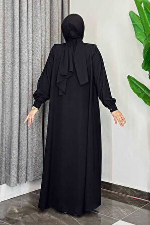 Boydan Düğmeli Taş İşleme Detaylı Ferace 7903 Siyah