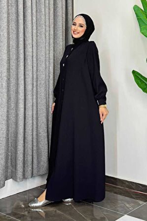 Boydan Düğmeli Taş İşleme Detaylı Ferace 7903 Siyah