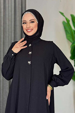 Boydan Düğmeli Taş İşleme Detaylı Ferace 7903 Siyah