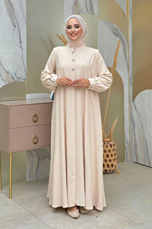 Boydan Düğmeli Taş İşleme Detaylı Ferace 7903 Taş