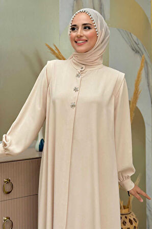 Boydan Düğmeli Taş İşleme Detaylı Ferace 7903 Taş