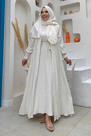Şallı Elbiseli Abaya Takım 3883 Ekru