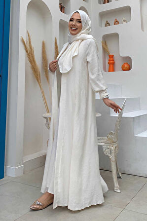 Şallı Elbiseli Abaya Takım 3883 Ekru