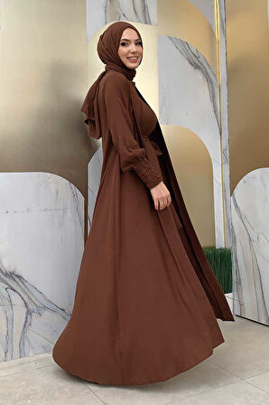 Şallı Elbiseli Abaya Takım 3883 Kahverengi