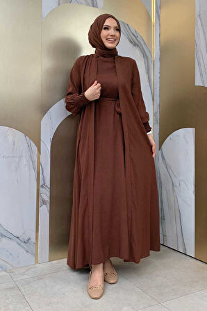 Şallı Elbiseli Abaya Takım 3883 Kahverengi
