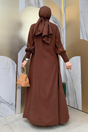 Şallı Elbiseli Abaya Takım 3883 Kahverengi