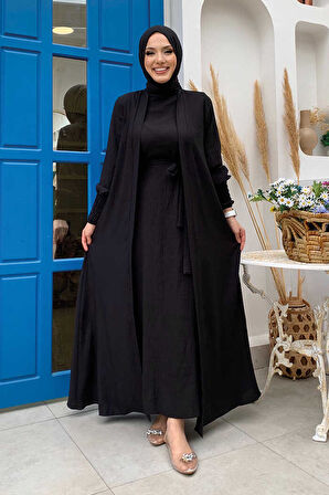 Şallı Elbiseli Abaya Takım 3883 Siyah