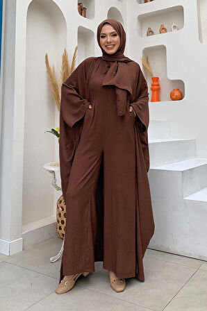 Şalıyla Birlikte Tulum ve Abaya İkili Takım 8519 Kahverengi