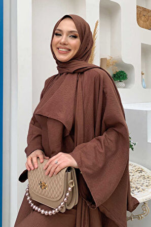 Şalıyla Birlikte Tulum ve Abaya İkili Takım 8519 Kahverengi