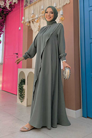 Çapraz Parça Görünümlü İncili Elbise 3879 Mint