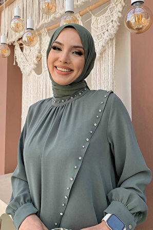 Çapraz Parça Görünümlü İncili Elbise 3879 Mint