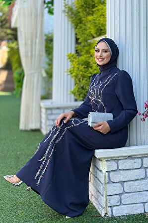 Taş İşleme Desenli Elbise 3889 Lacivert